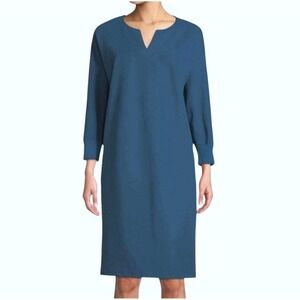 Lafayette 148 New York Womens Teal Blue Notched Neck Long Sleeve Shift Dress M